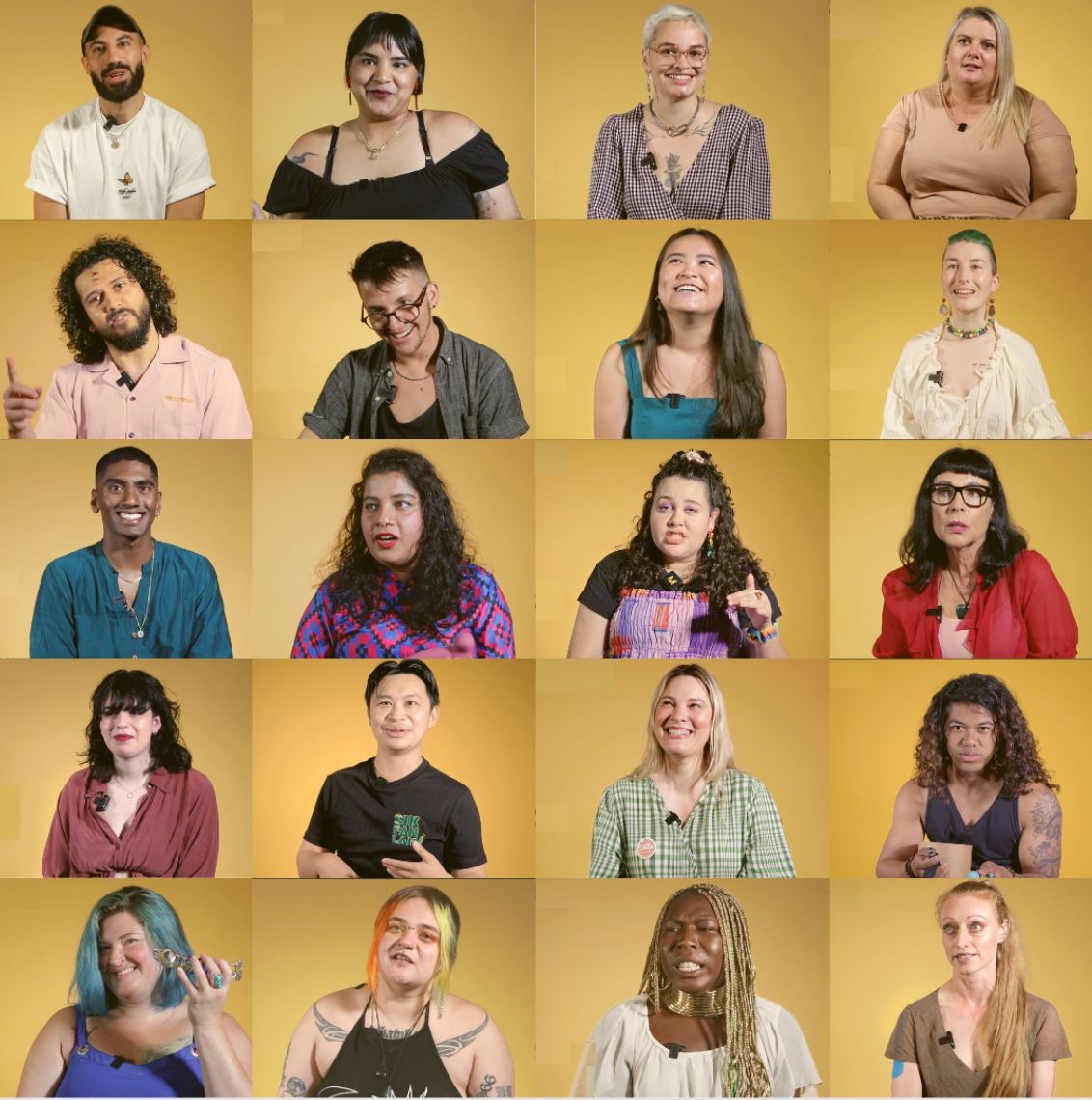 A grid of 20 portraits of people Elina interviewed for Storyo, all on yellow backgrounds
